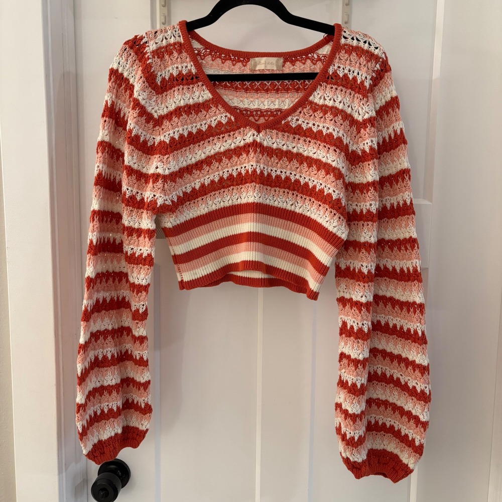 Altard State small Striped Crochet Knot Crop Sweater Balloon Sleeve V Neck boho‎